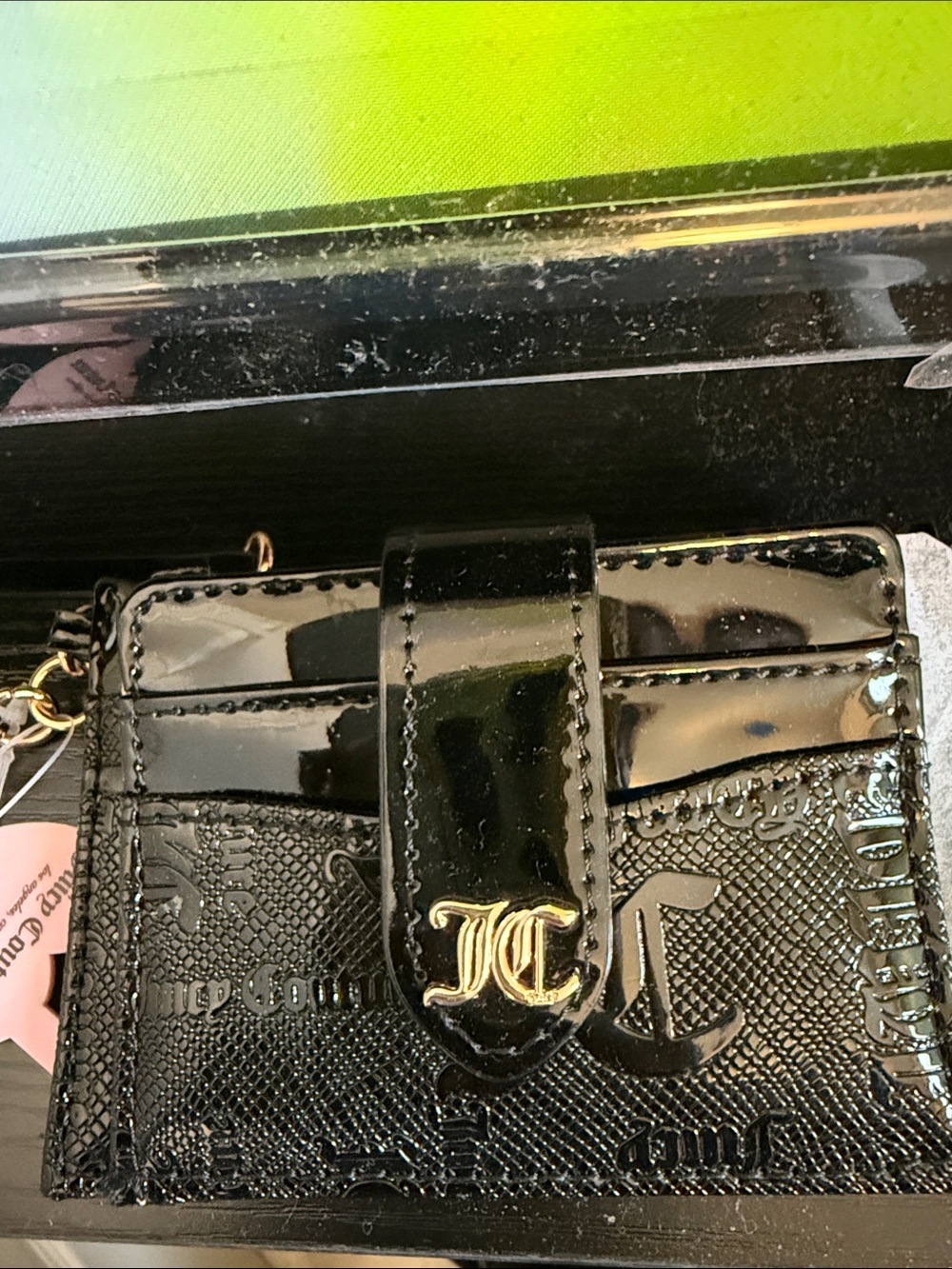 Black Patent Leather Card Holder Wallet with Gold Accent Juicy Couture
